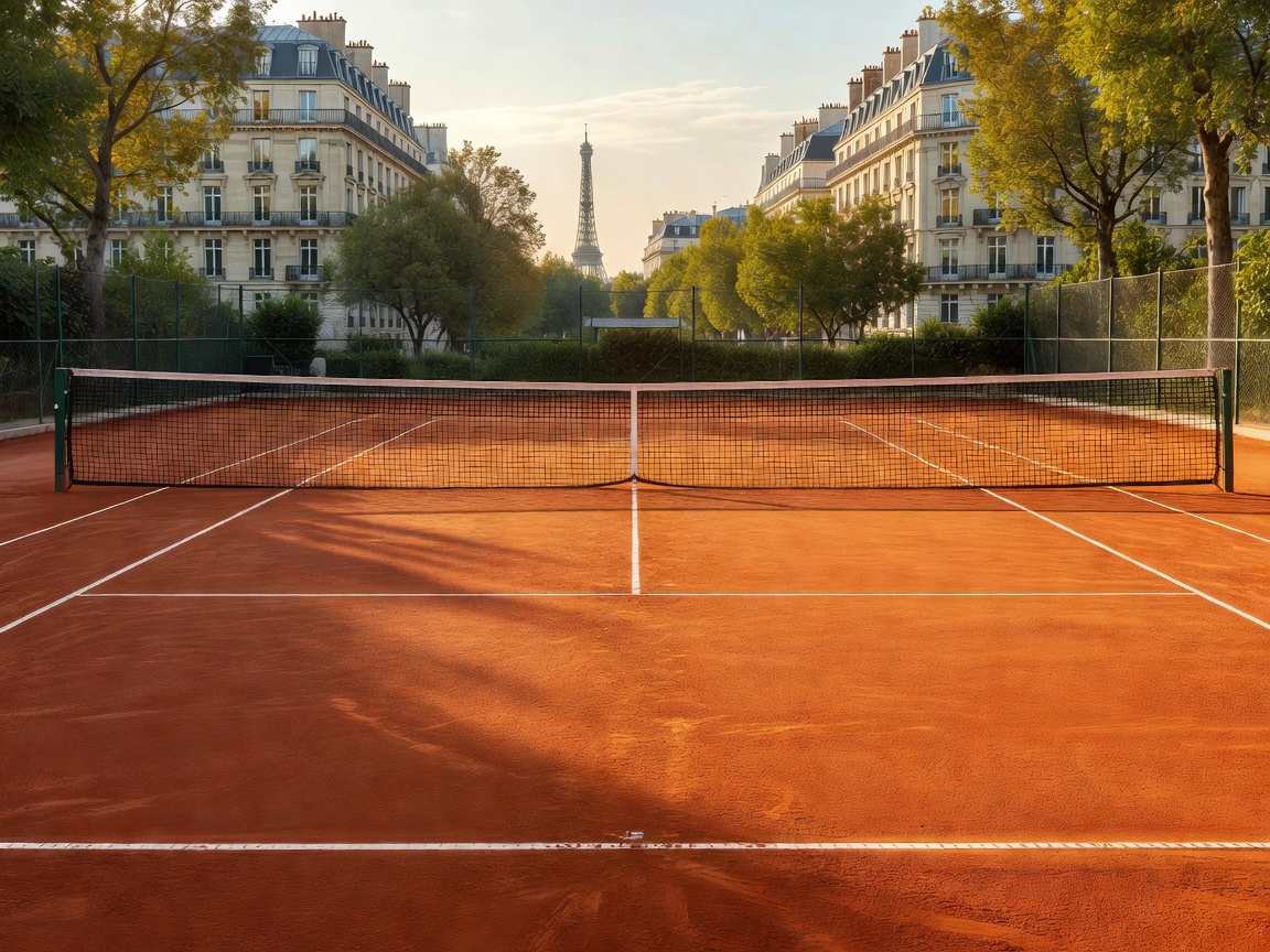 Clay tennis court with pristine tramlines in Madrid stadium