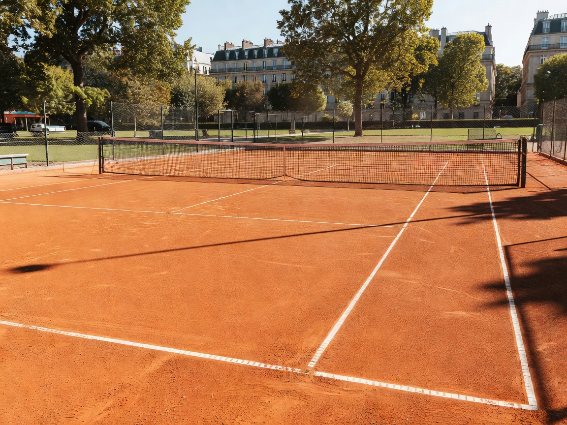 Clay tennis court baseline and net in Paris under bright European sunlight