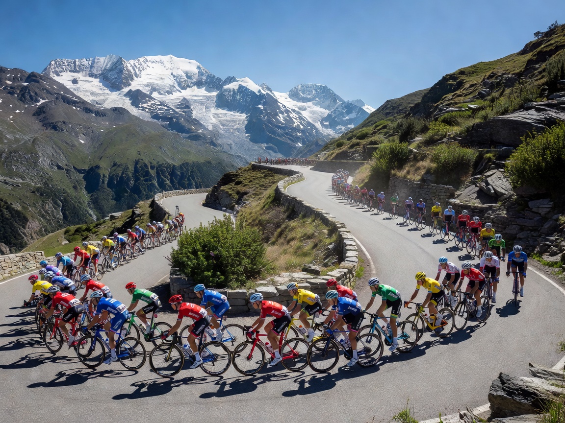 Cycling race peloton climbing an Alpine mountain switchback