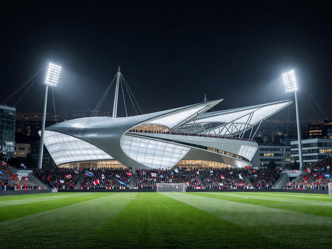 Futuristic modern European football stadium with bright floodlights in Munich