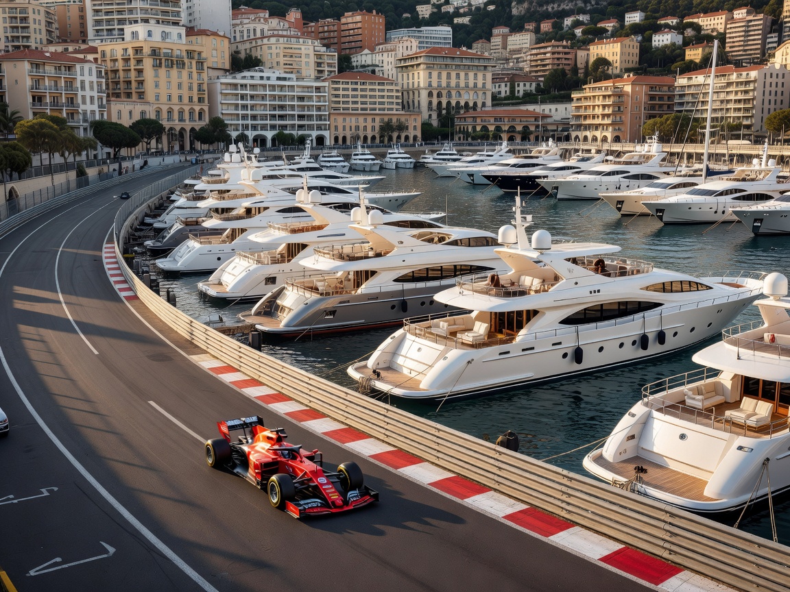 Harbor circuit of Monaco Grand Prix with luxury yachts