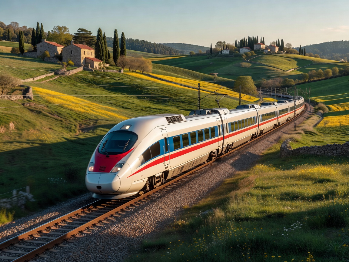 High speed passenger train on railway tracks in European landscape