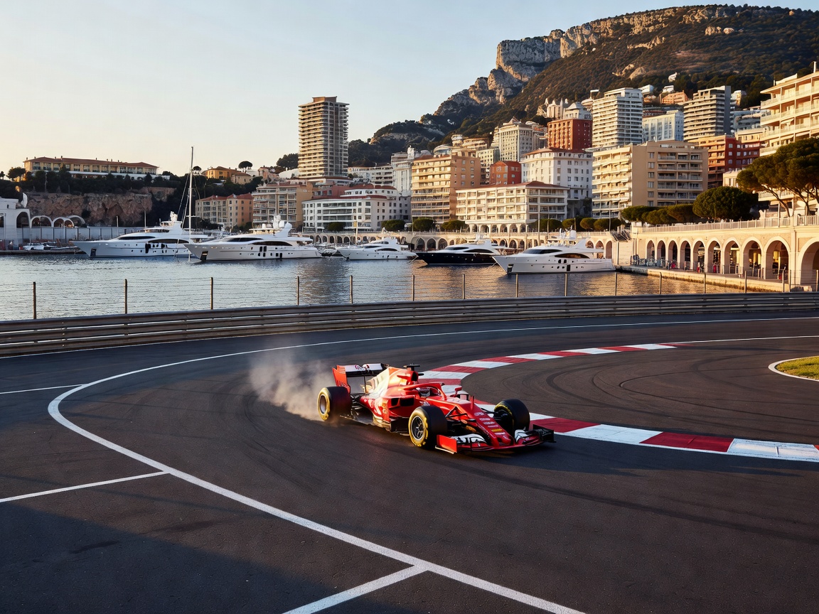Motorsport race track corner along Mediterranean harbor in Monaco