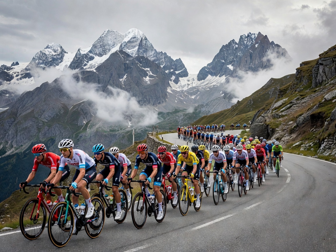 Road cycling peloton racing through European mountain pass